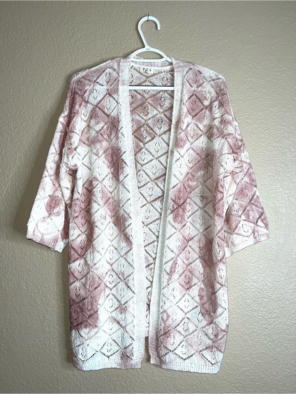 POL Dusty Pink and White Open-Front  Diamond Print Knit Cardigan Sz L